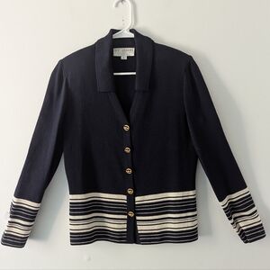 St. John Collection Vintage Navy Blue White Knit Cardigan Sweater Size 6